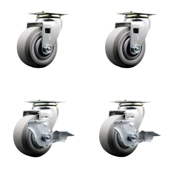 4 Inch Thermoplastic Rubber Swivel Caster Set with Ball Bearings 2 Brakes